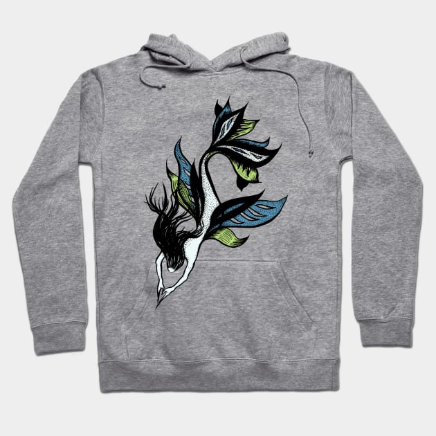 Beautiful mermaid ink drawing in blue and green Hoodie by Boriana Giormova